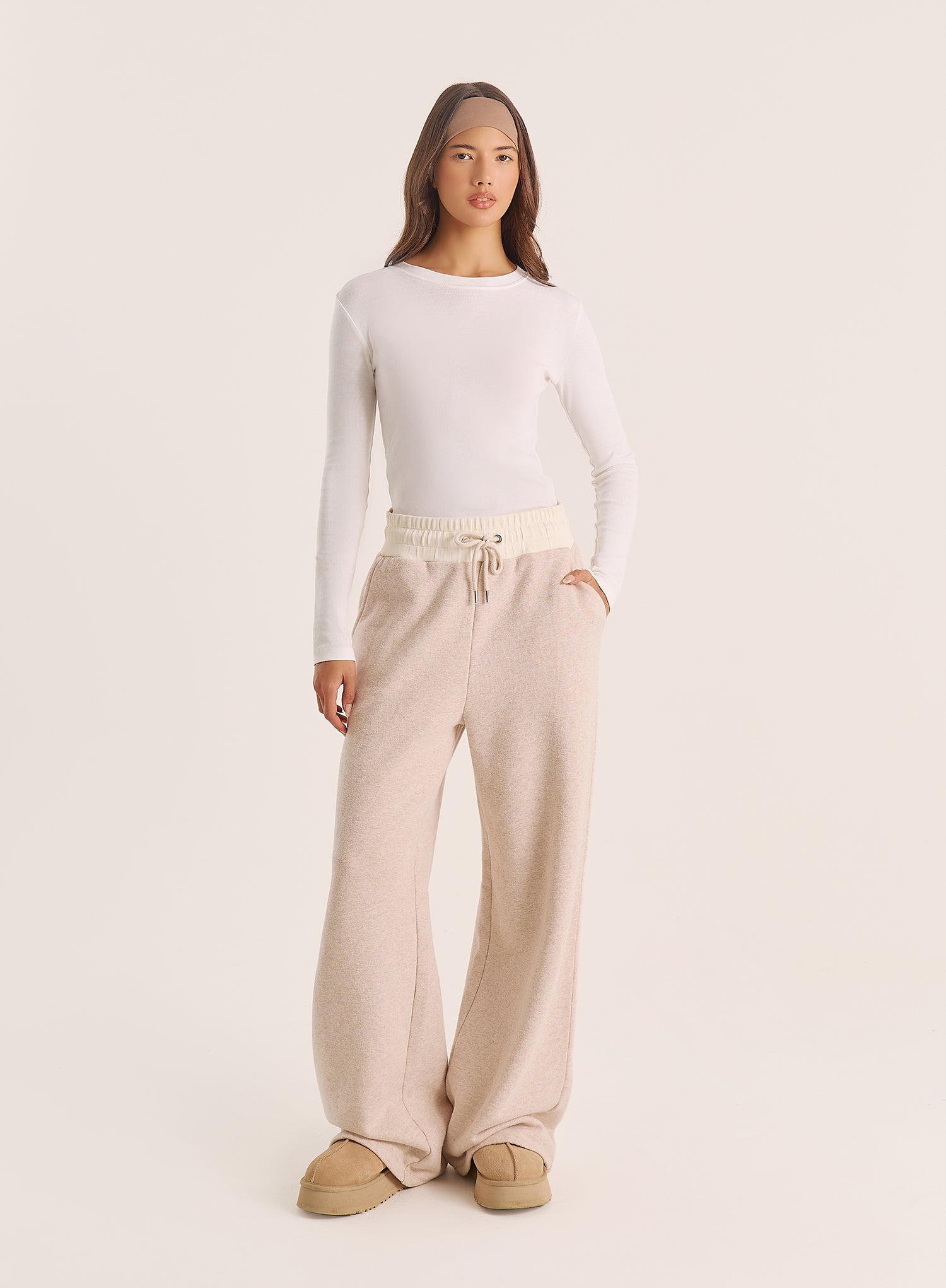 Oatmeal Contrast Waist Band Wide Leg Joggers